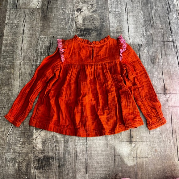 Girls Burnt Orange Smocked Ruffle Top with Pink Eyelet Lace Trim Long Sleeve - Picture 4 of 4